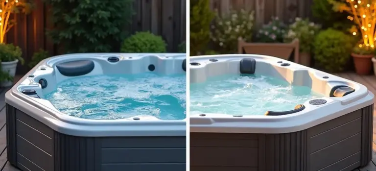 Split-screen image comparing acrylic and rotomolded hot tubs side by side to illustrate differences in interior finish and shell construction.