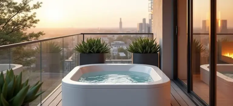 A compact hot tub on a balcony with glass railing, potted plants, and a city skyline at sunset.