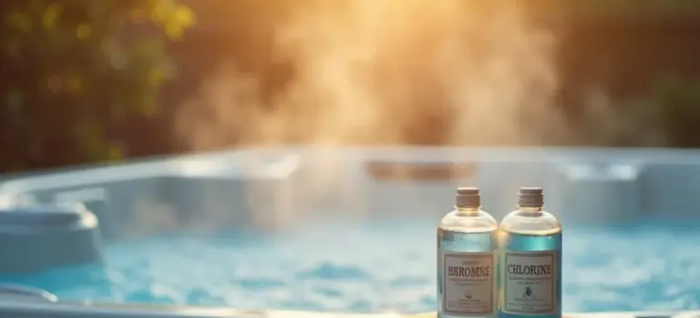 Two bottles labeled Bromine and Chlorine sit on the edge of a steaming hot tub.