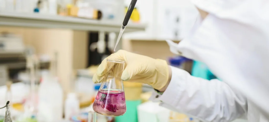 Laboratory scene with gloved hands transferring a pink liquid into a conical flask using a dropper