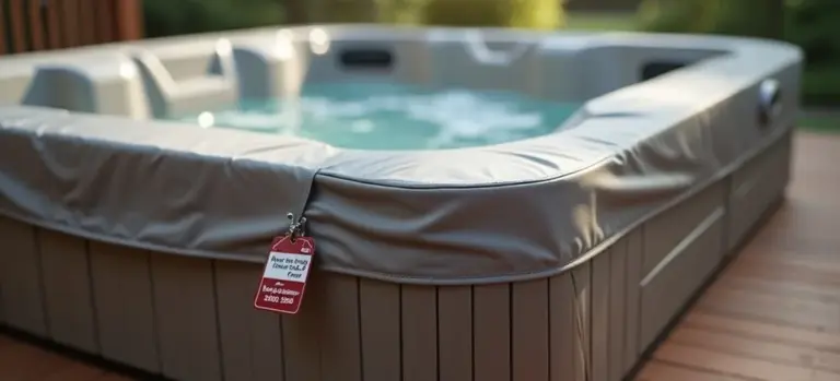 Outdoor hot tub with a beige fitted cover, positioned on a wooden deck, and a red tag hanging from the cover.