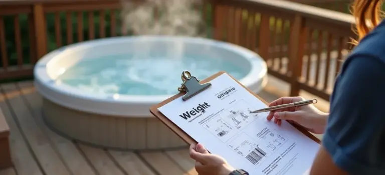 Person holding a clipboard labeled 'Weight' next to a hot tub on a wooden deck, illustrating weight and safety assessments for deck installations.