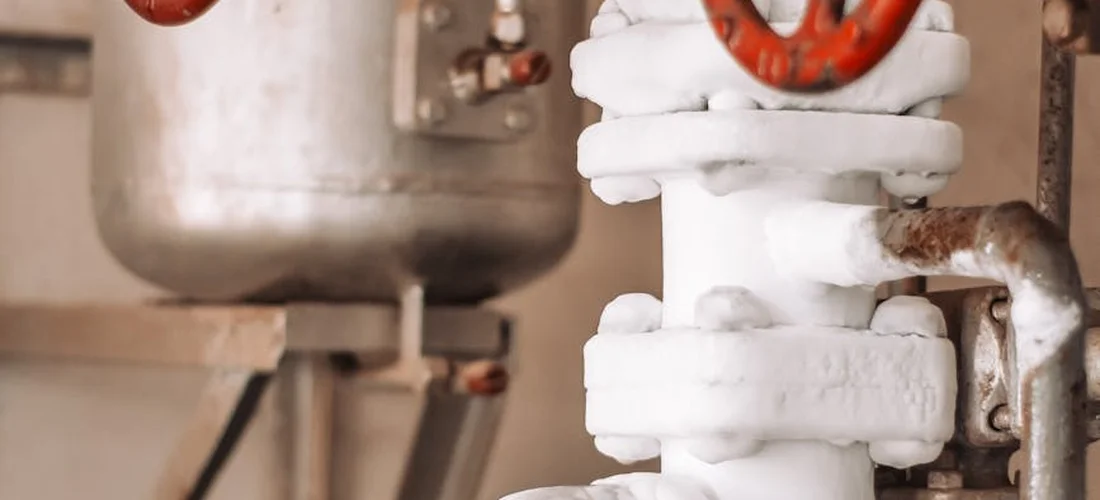 Close-up of a white-painted hot tub diverter valve assembly with a red wheel handle