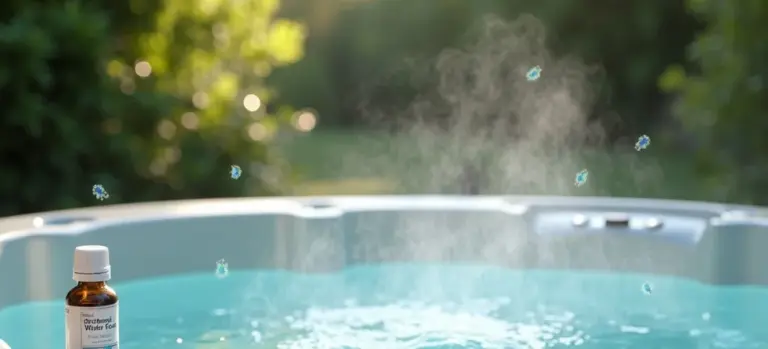 A hot tub with clear water and a small bottle of enzyme-based water care product resting on the edge, with steam rising from the surface.