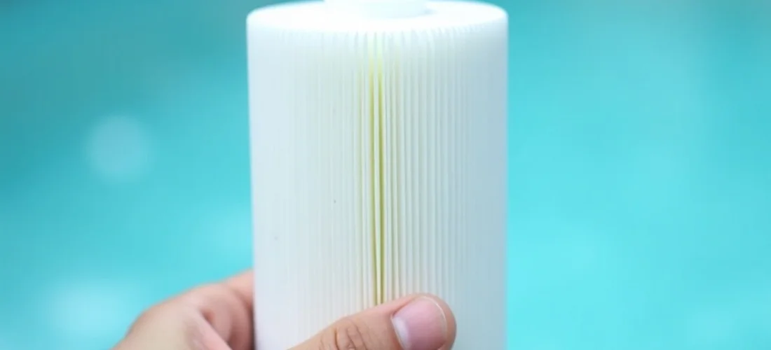 Close-up of a white pleated hot tub replacement filter being held between fingers against a blue water background.