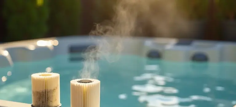 Two hot tub filter cartridges resting at the edge of a bubbling hot tub with steam rising