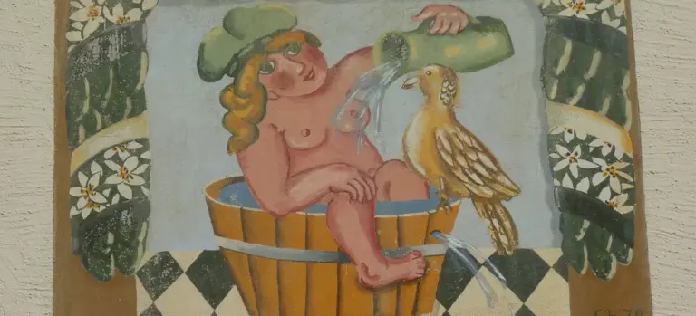 A whimsical painting of a nude figure sitting in a wooden tub, with a parrot nearby and a tiled background, evoking playful problem solving for hot tub maintenance.