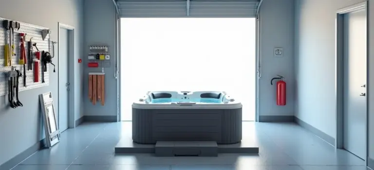A modern hot tub installed in a bright, organized garage with tools on the left wall and a fire extinguisher on the right wall.