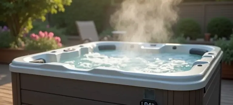 Outdoor hot tub on a sunny day with steam rising from the water, set on a wooden deck with greenery in the background.