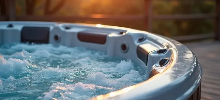Close-up view of a hot tub interior with multiple jets and bubbling water.