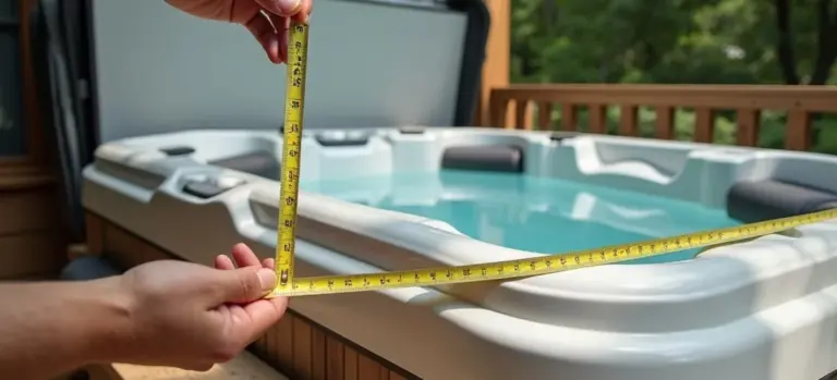 Close-up of hands holding a measuring tape across the edge of a hot tub to measure its dimensions for a replacement cover