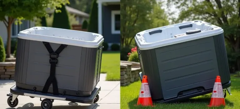 Two views of a portable hot tub being moved: left shows it on a wheeled dolly with straps, right shows it tilted on its side near orange safety cones in a grassy yard.
