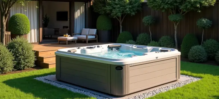 Outdoor hot tub on green lawn near a wooden deck with seating and trimmed shrubs.