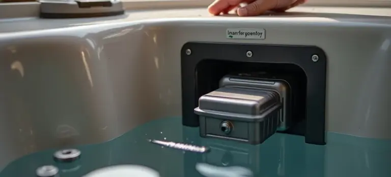 Close-up of a hot tub ozonator unit mounted inside the spa cabinet