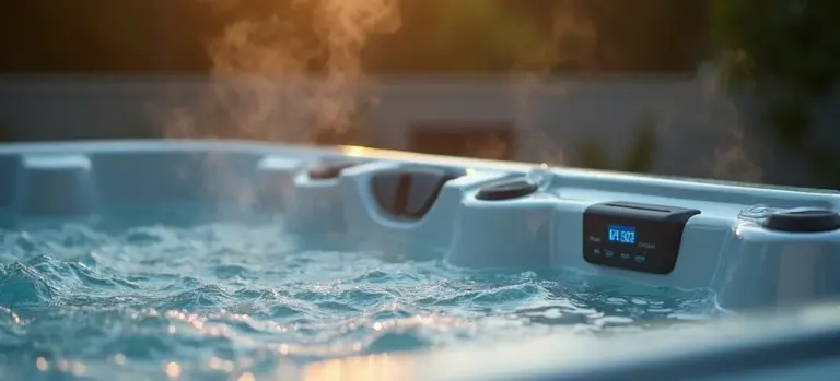 Close-up of a modern hot tub with a digital control panel and steam rising from the water.