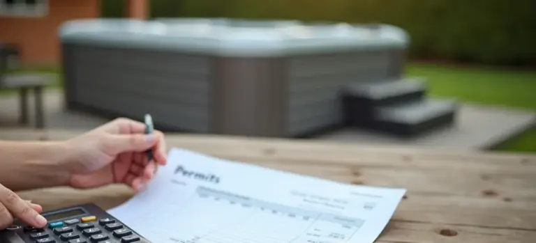 A person signing a permit form at a wooden table with a hot tub in the background.