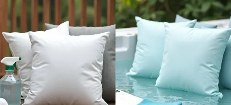Two clusters of hot tub pillows around a spa: a white pillow on the left and light blue pillows on the right.