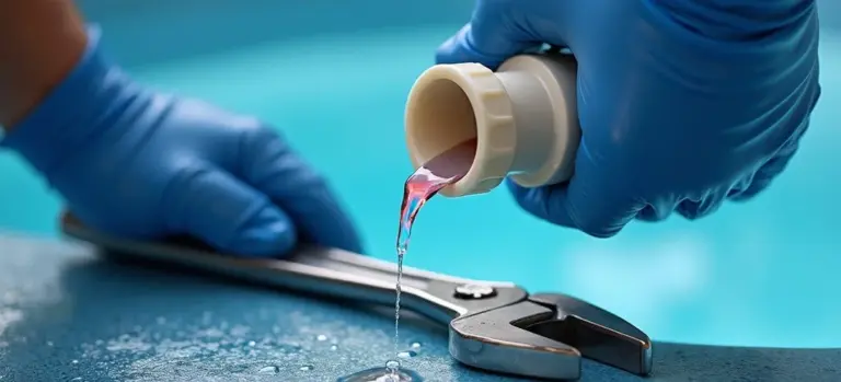 Close-up of gloved hands inspecting a slow leak at a hot tub plumbing joint, with water dripping from a beige connector into the tub.