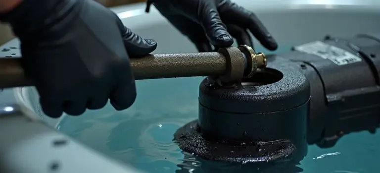 Close-up of gloved hands tightening a hot tub pump seal fitting as water pools around the base