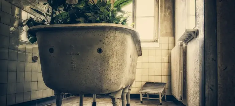 Vintage metal bathtub in a sunlit tiled bathroom with a potted plant, suggesting a calm post-workout recovery space.