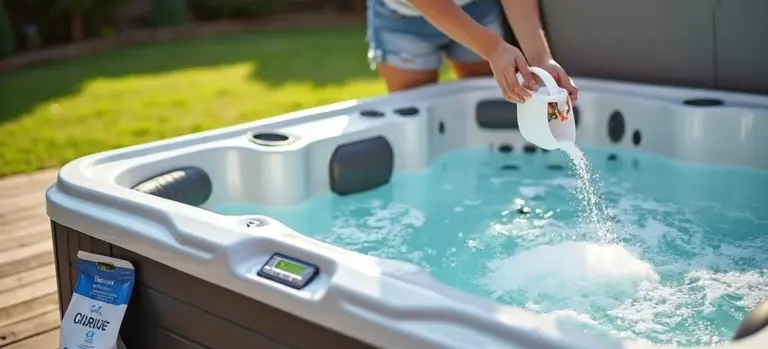 An outdoor hot tub as a person pours a liquid into the water to begin converting to a saltwater system.