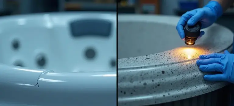 Close-up of a hot tub shell showing a crack on the left and a technician wearing blue gloves inspecting the speckled shell with a tool on the right.