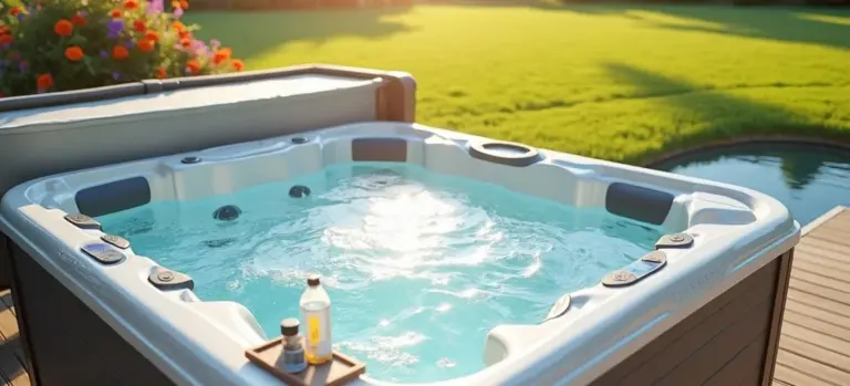 Outdoor hot tub on a wooden deck with clear water, a bottle and a cup on the edge, and a sunny lawn with flowers in the background.