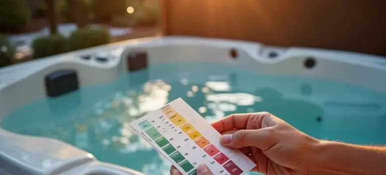 Close-up of a hand holding a pH test strip over a hot tub, preparing to test water balance as the seasons change.