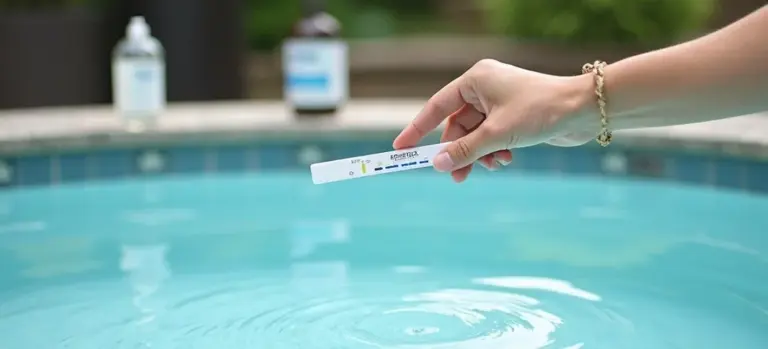 Hand holding a water test strip above a bright blue hot tub with pool chemicals in the background.