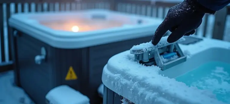 Snow-dusted hot tub with a gloved hand on the control panel during winterization