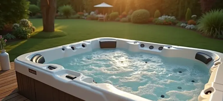 A white outdoor hot tub with bubbling water sits on a wooden deck in a sunlit backyard with green lawn and landscaping.