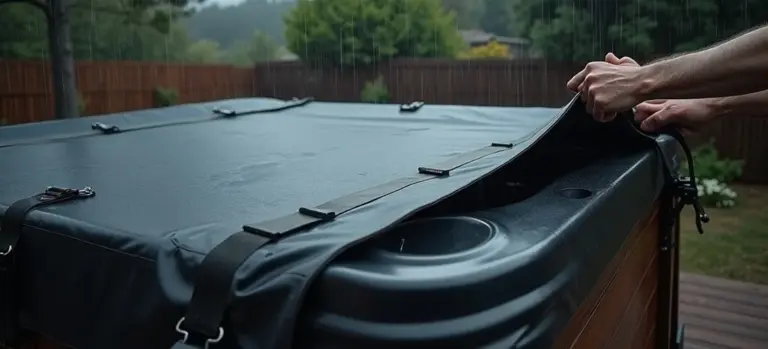 Close-up of hands pulling and securing the hot tub cover over a hot tub in a backyard.