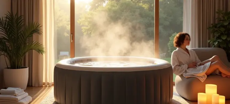 An inflatable hot tub sits indoors in a bright living room, with steam rising from the water and a person relaxing on a chair nearby, illuminated by warm light.