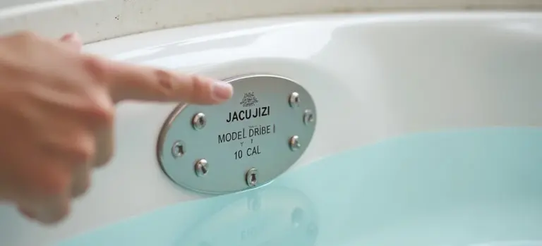 Close-up of a Jacuzzi model number plate mounted on the edge of a hot tub, with a finger pointing at it.