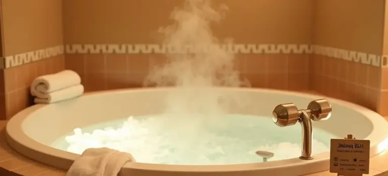 Steam rising from a round hot tub in a warmly lit hotel spa room, with folded towels nearby.