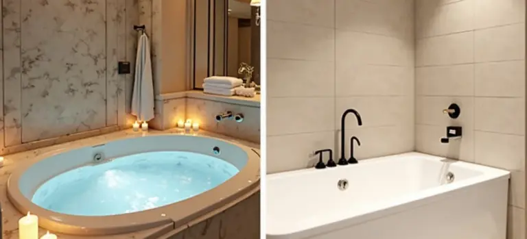A split-image of two bathrooms: left shows a luxurious Jacuzzi tub with water, candles, and towels; right shows a modern standard bathtub with a black faucet and fixtures.
