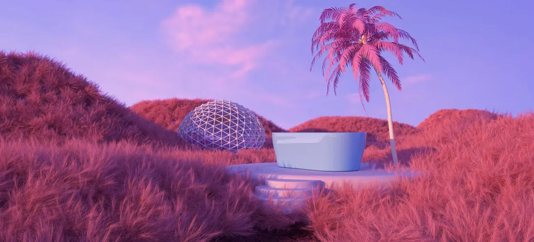 Surreal pink landscape with a hot tub shell on a platform and a palm tree in the background.